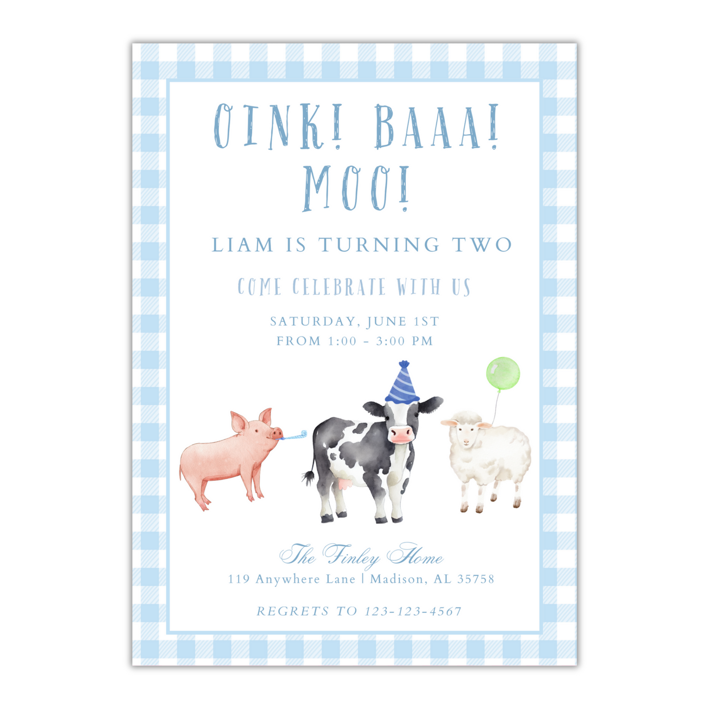 Oink! Baaa! Moo! Invitation - Blue