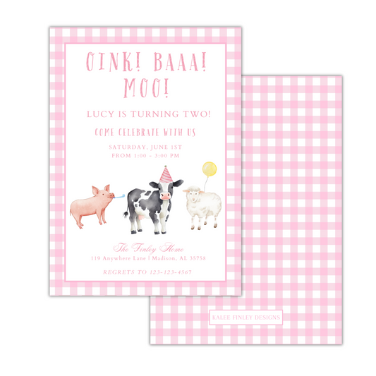 Oink! Baaa! Moo! Invitation - Pink