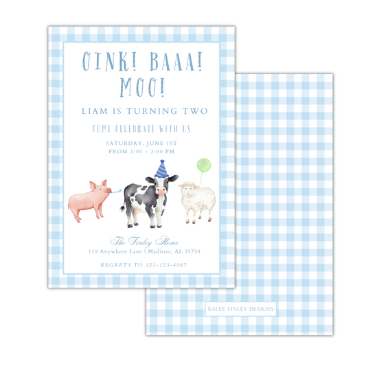 Oink! Baaa! Moo! Invitation - Blue