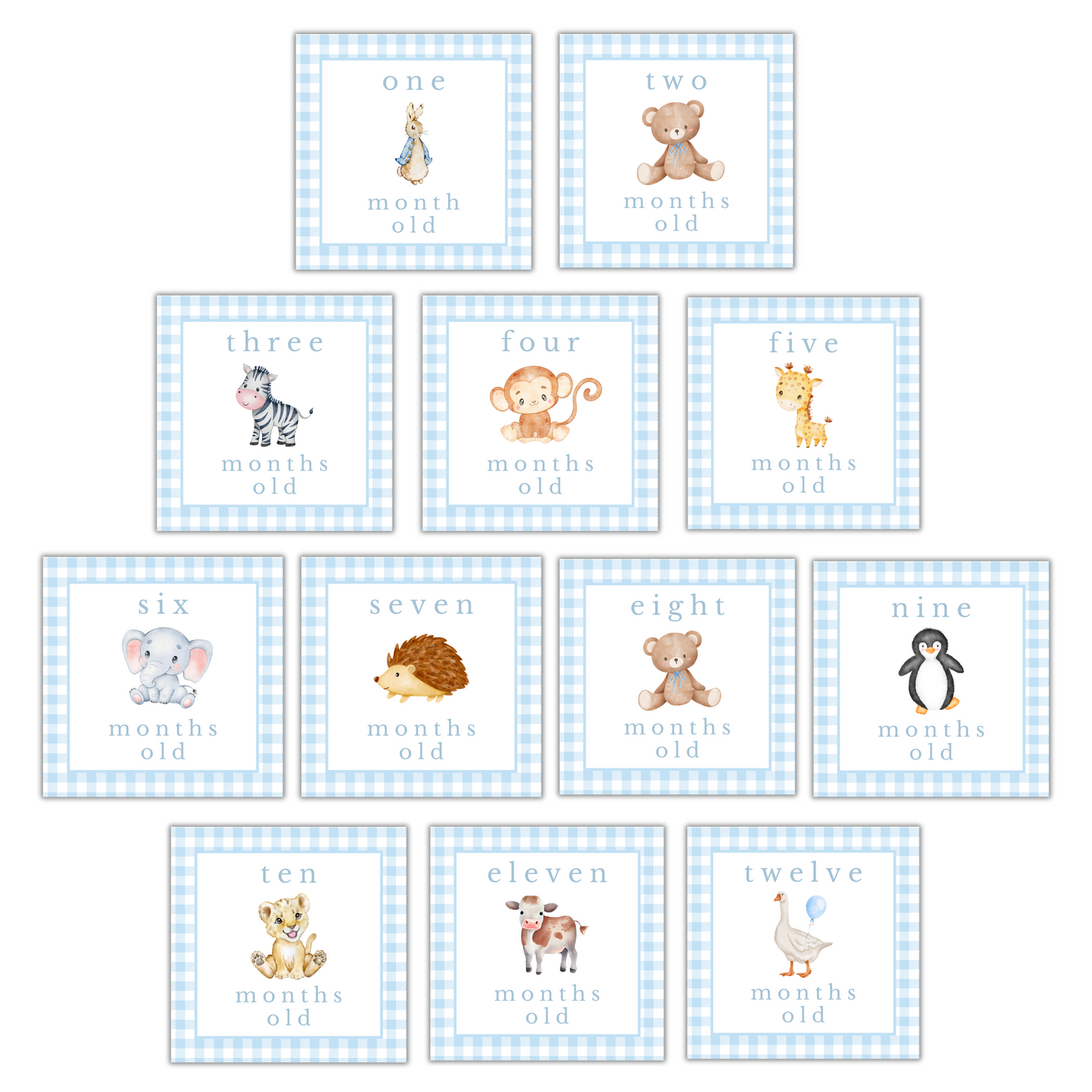 Blue Gingham Animal Milestone Cards