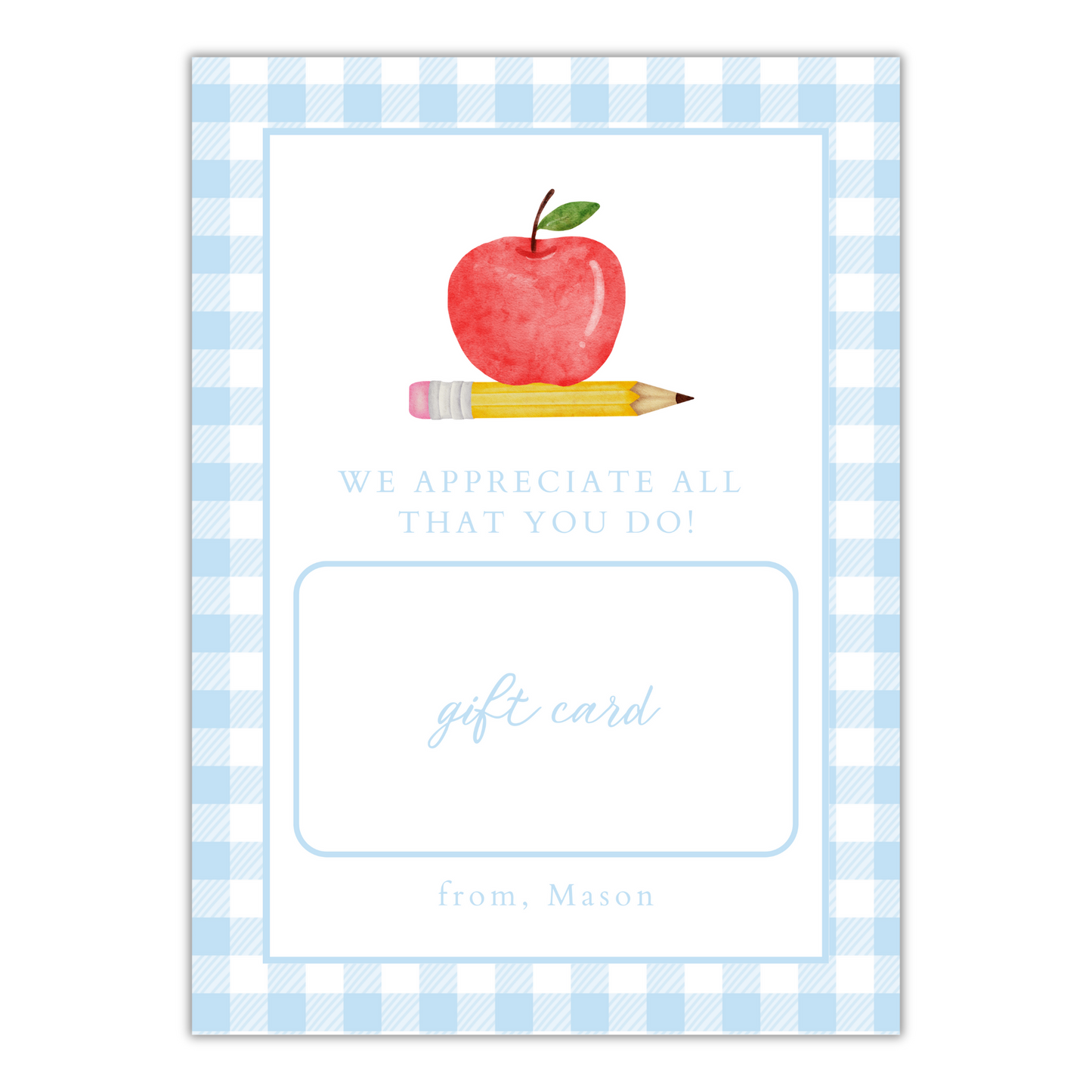 Teacher Appreciation Gift Card - Blue Gingham